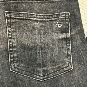 Rag & Bone's High Rise skinny ankle jean. Raw edge, washed black inseam26.5